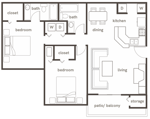 Floor plan for 2 beds, 2 baths, 997 sqft